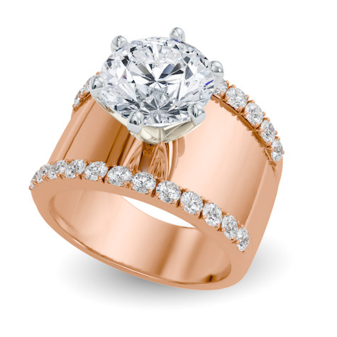 Glossier Round and Pave Solitaire Wide Cigar Band Ring with lab grown diamond look cubic zirconia in 14k rose gold.