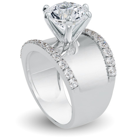 Glossier Round and Pave Solitaire Wide Cigar Band Ring with lab grown diamond look cubic zirconia in 14k white gold.