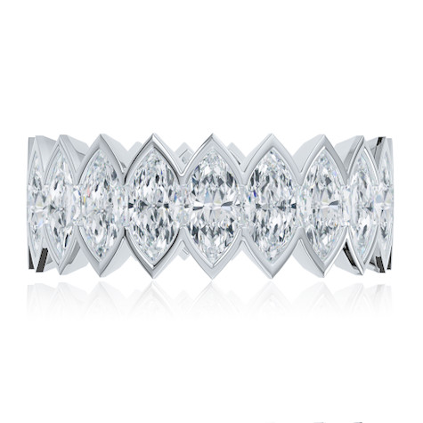 Sauvage .50 carat each marquise vertical semi bezel set lab grown diamond look cubic zirconia eternity band in 18k white gold.