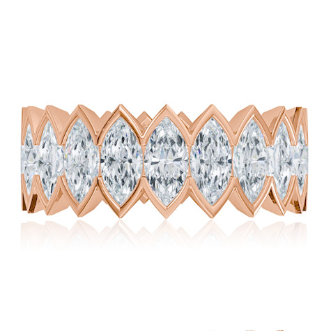 Sauvage .50 carat each marquise vertical semi bezel set lab grown diamond quality cubic zirconia eternity band in 14k rose gold.