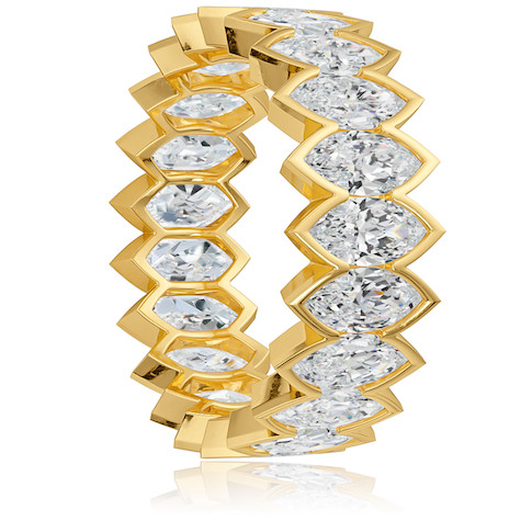 Sauvage .50 carat each marquise vertical semi bezel set lab grown diamond simulant cubic zirconia eternity band in 14k yellow gold.