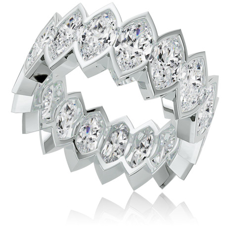Sauvage .75 carat each marquise vertical semi bezel set lab grown diamond look cubic zirconia eternity band in 14k white gold.