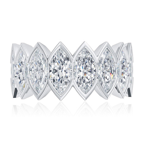 Sauvage .75 carat each marquise vertical semi bezel set lab grown diamond alternative cubic zirconia eternity band in platinum.