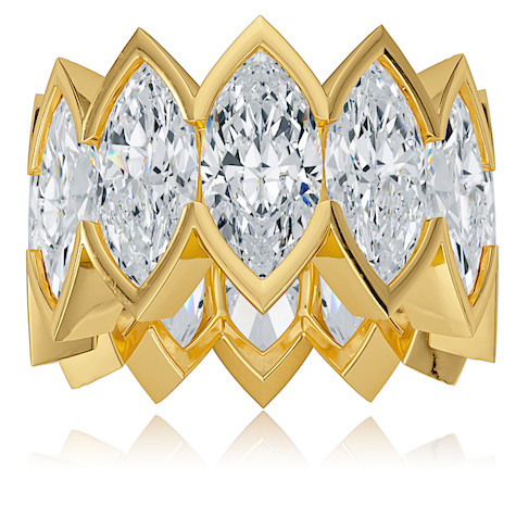 Sauvage 2 carat each marquise vertical semi bezel set lab grown diamond quality cubic zirconia eternity band in 14k yellow gold.