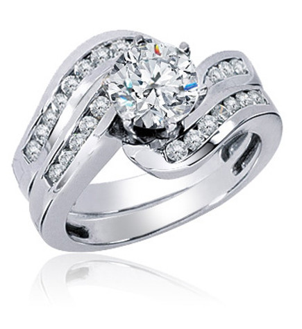 Round 1.5 Carat Swirled Channel Wedding Set with lab grown diamond look cubic zirconia in 14k white gold.