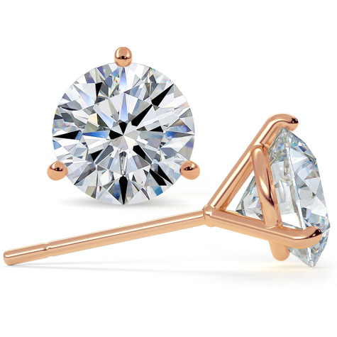 Three prong round Martini style basket set lab-grown diamond stud earrings in 14k rose gold