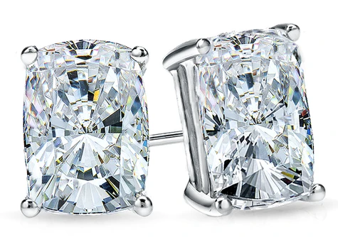 Elongated cushion cut lab grown diamond stud earrings in 14k white gold with friction posts.