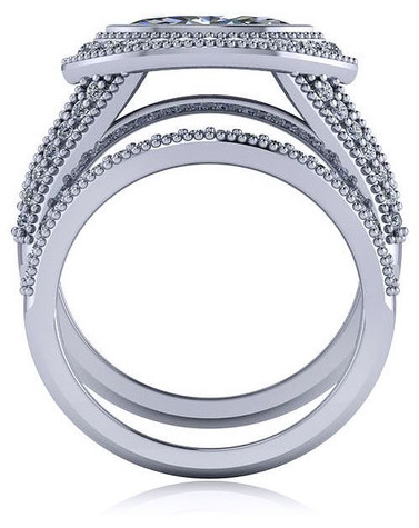 Marquise 1 Carat Bezel Set Pave Halo Split Shank Wedding Set with lab grown diamond alternative cubic zirconia in platinum.