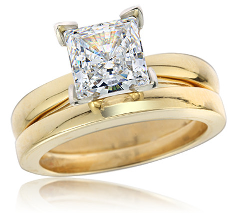Princess cut 1.5 carat lab grown diamond simulant cubic zirconia cathedral solitaire with matching wedding band bridal set in 14k yellow gold.