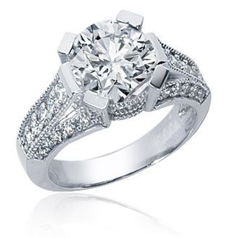 Round Cathedral Milgrain Solitaire with  lab grown diamond look cubic zirconia in platinum.