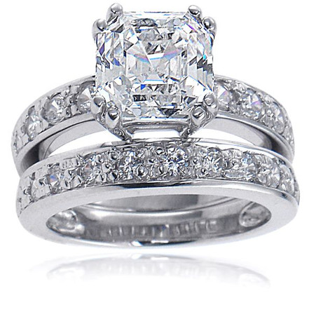 Asscher Cut 4 Carat Pave Bridal Set with laboratory grown diamond look cubic zirconia in platinum.