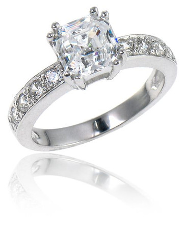Asscher 1.5 Carat Pave Solitaire with lab grown diamond alternative cubic zirconia in 14k white gold.