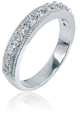 Round 1.5 Carat Cathedral Milgrain Pave Wedding Band with lab grown diamond alternative cubic zirconia in 14k white gold.