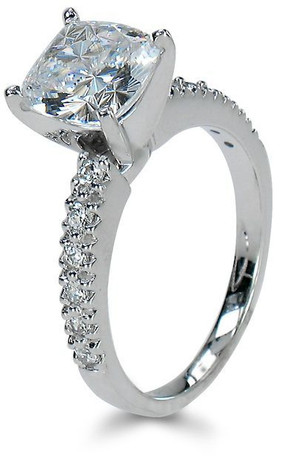 Cushion Cut 2.5 Carat Pave Solitaire with laboratory grown diamond alternative cubic zirconia in 14k white gold.