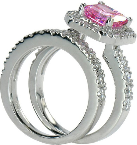 Pink princess cut 1.5 carat lab grown diamond simulant cubic zirconia halo pave solitaire and matching band in 14k white gold.