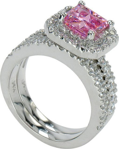 Pink princess cut 1.5 carat lab grown diamond alternative cubic zirconia halo pave solitaire and matching band in platinum.