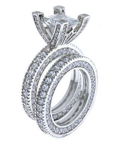 Palace 2.5 carat princess cut lab grown diamond look cubic zirconia pave eternity bridal set in 14k white gold.