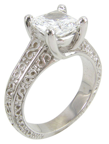 Engraved 1.5 Carat Princess Cut Trellis Solitaire with lab grown diamond alternative cubic zirconia in platinum.