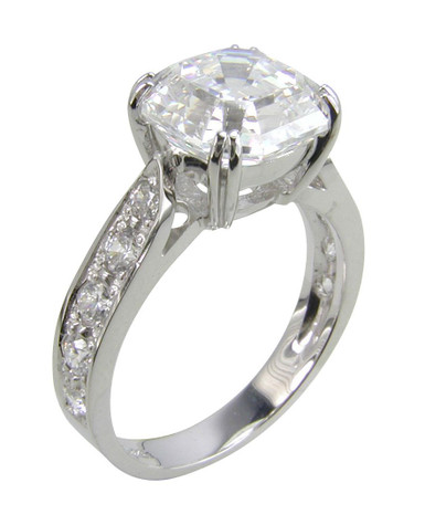 2.5 Carat Asscher Cut Cathedral Pave Solitaire with lab grown diamond look cubic zirconia in platinum.