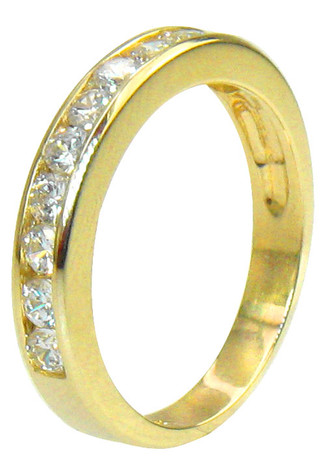 Princess Cut 2.5 Carat Wedding Band with laboratory grown diamond quality cubic zirconia in 14k yellow gold.