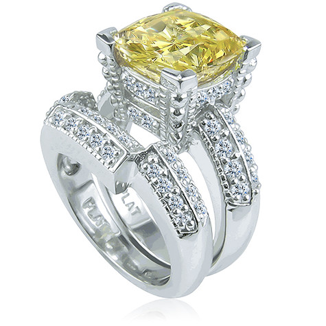 Cushion Cut 5.5 Carat Decadence Wedding Set with lab grown canary yellow diamond alternative cubic zirconia in platinum.