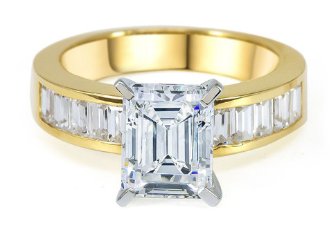 Emerald step cut 2.5 carat lab grown diamond alternative cubic zirconia graduated baguette solitaire engagement ring 14k yellow gold.