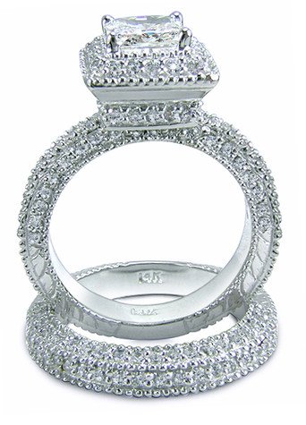 Art deco style 1 carat princess cut lab grown diamond alternative cubic zirconia pave bridal wedding set in platinum.