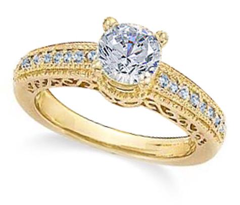 Engraved 1 Carat Round Estate Style Wedding Set with lab grown diamond look cubic zirconia in 18k yellow gold.