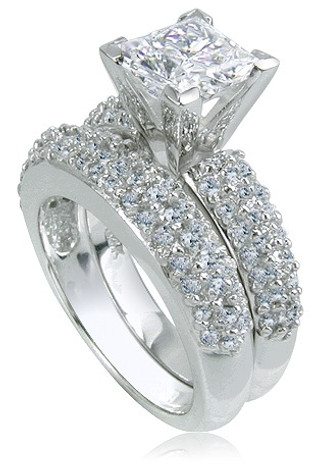 Princess Cut 2.5 Carat Bridal Set with lab grown diamond simulant cubic zirconia in 14k white gold.