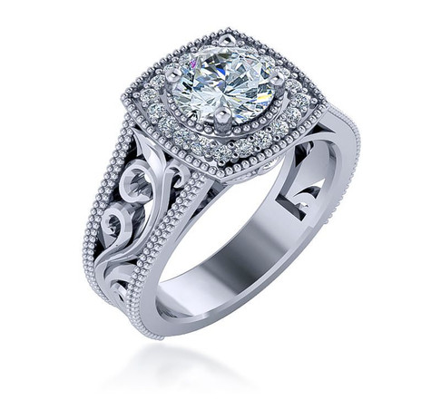 Romani 1 carat round milgrain lab grown diamond alternative cubic zirconia halo engraved cathedral engagement ring in 14k white gold.