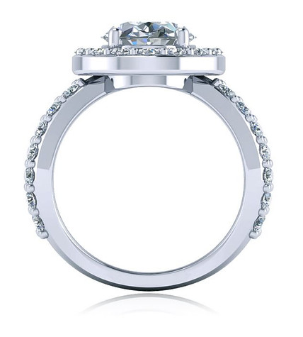 Oval 2.5 carat laboratory grown diamond quality cubic zirconia pave halo engagement ring in platinum.
