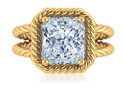 Captina 5.5 carat emerald cut laboratory grown diamond quality cubic zirconia in a twisted rope halo engagement ring in 18k yellow gold.