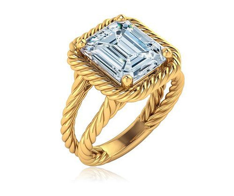 Captina 5.5 carat emerald cut laboratory grown diamond quality cubic zirconia in a twisted rope halo engagement ring in 14k yellow gold.