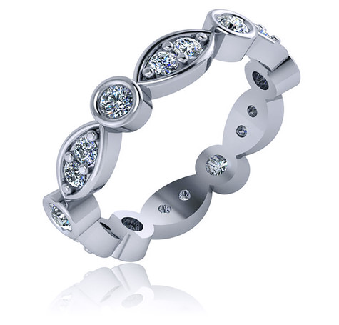Alternating round and marquise lab grown diamond alternative cubic zirconia bezel pave eternity band in 14k white gold.