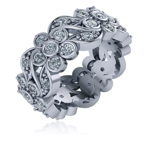 Floral flower bezel shared prong lab grown diamond quality cubic zirconia eternity band in 14k white gold.