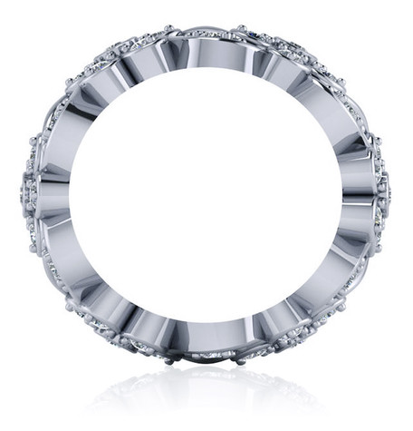 Floral flower bezel shared prong laboratory grown diamond look cubic zirconia eternity band in platinum.