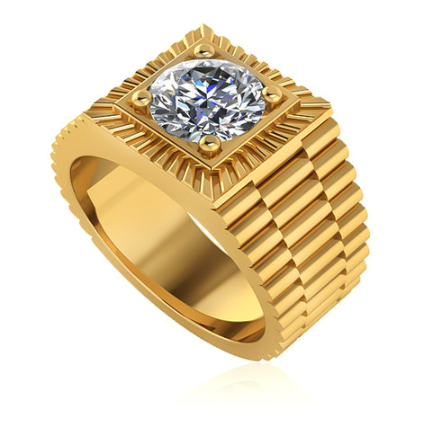 Roland Ribbed 2 Carat Round Halo Mens Ring with lab grown diamond look cubic zirconia in 14k yellow gold.