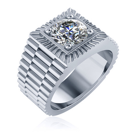 Roland Ribbed 2 Carat Round Halo Mens Ring with lab grown diamond alternative cubic zirconia in 14k white gold.