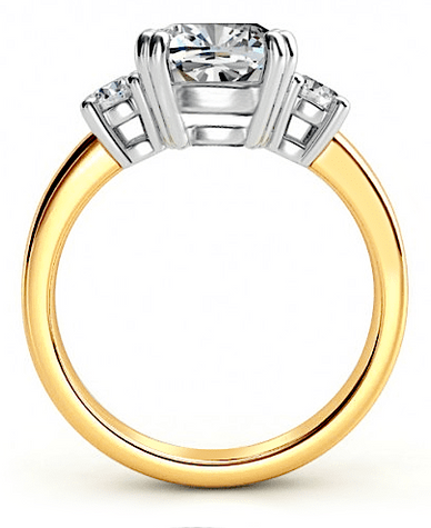 Meghan Markle inspired 4 carat cushion cut laboratory grown diamond look cubic zirconia three stone two-tone ring in 14k gold.