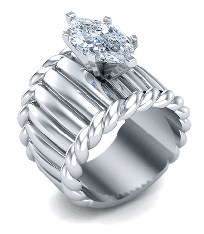 Marquise 3 carat lab created cubic zirconia fluted twisted rope style cigar band solitaire ring in 14k white gold.