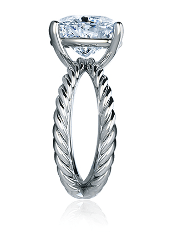 Elongated Cushion Cut 5.5 Carat Twisted Rope Split Shank Engagement Ring with lab grown diamond alternative cubic zirconia in platinum.