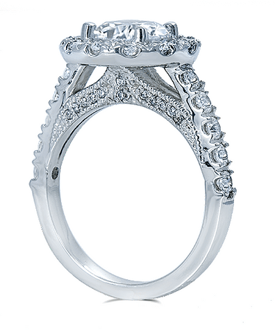 Luxon 2 carat round lab grown diamond simulant cubic zirconia halo antique vintage cathedral engagement ring in 14k white gold.