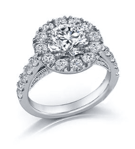 Luxon 2 carat lab grown diamond alternative cubic zirconia round halo antique vintage cathedral engagement ring in 14k white gold.