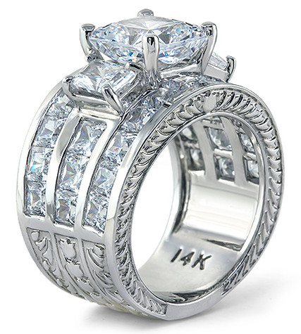 Champlain 4 carat lab created cubic zirconia princess cut three row channel set engraved wide band in 18k white gold.