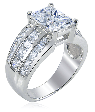 Emerald cut lab grown diamond alternative cubic zirconia 4 carat three row princess cut channel set ring in platinum.
