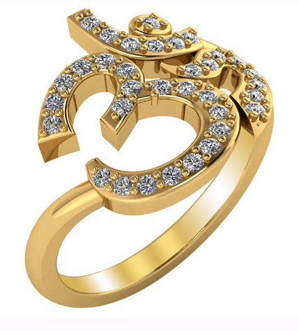 Om Symbol Pave Set Yoga Meditation Ring with lab created diamond quality cubic zirconia in 14k yellow gold.
