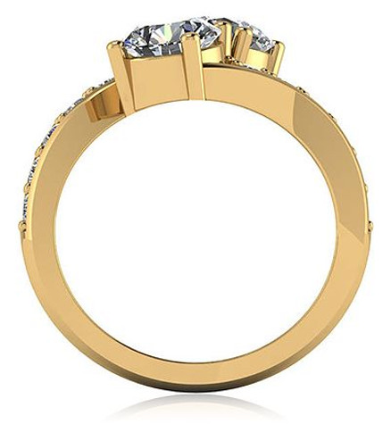 Two stone laboratory grown diamond quality cubic zirconia round 1 carat bypass couples engagement ring in 18k yellow gold.
