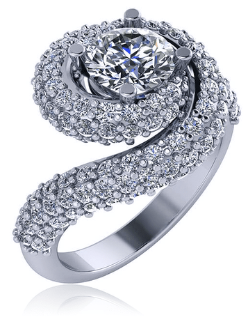 Round 1 Carat Double Pave Swirl Ring with lab grown diamond look cubic zirconia in 14k white gold.