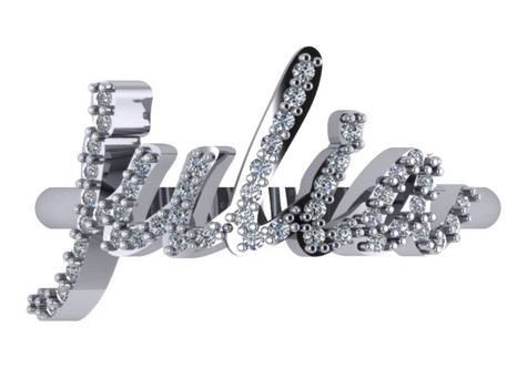 Personalized pave set round lab grown cubic zirconia name ring in 14k white gold.