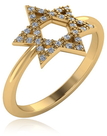 Star of David Pave Set Ring with laboratory grown diamond quality cubic zirconia in 14k yellow gold.